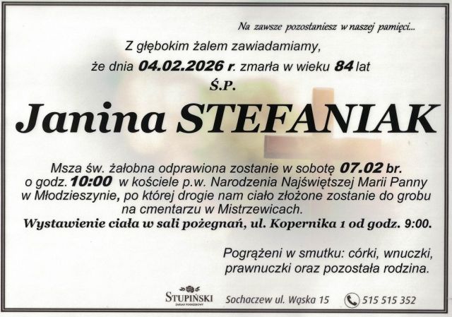 Nekrolog Zakład Pogrzebowy Stupiński Sochaczew - Janina Stefaniak
