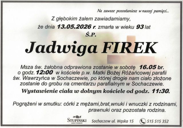 Nekrolog Zakład Pogrzebowy Stupiński Sochaczew - Jadwiga Firek