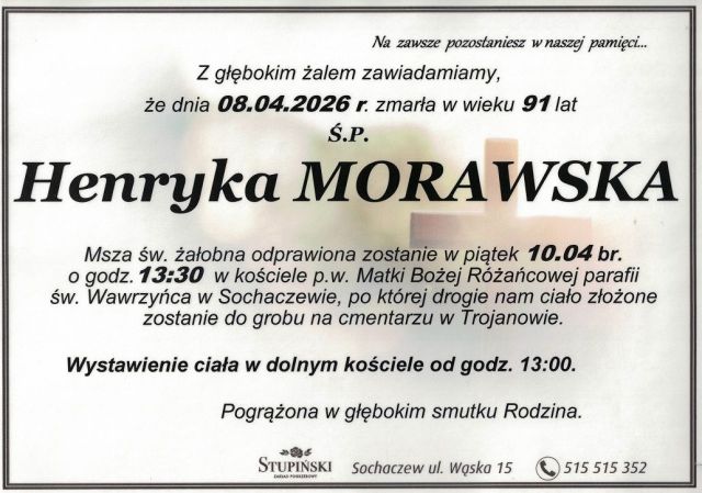 Nekrolog Zakład Pogrzebowy Stupiński Sochaczew - Henryka Morawska