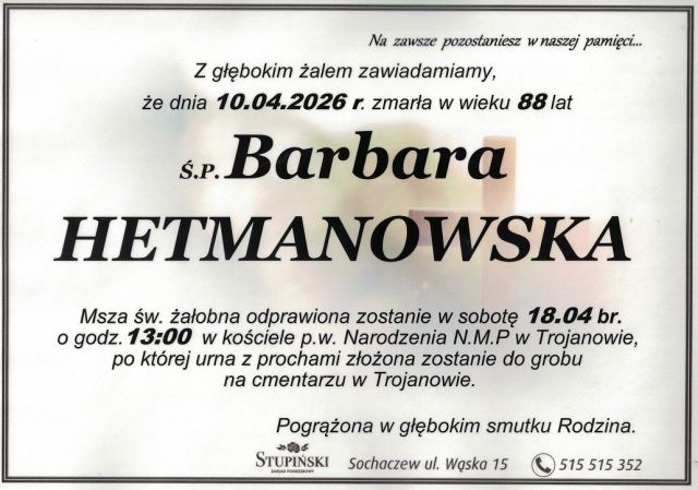 Nekrolog Zakład Pogrzebowy Stupiński Sochaczew - Barbara Hetmanowska