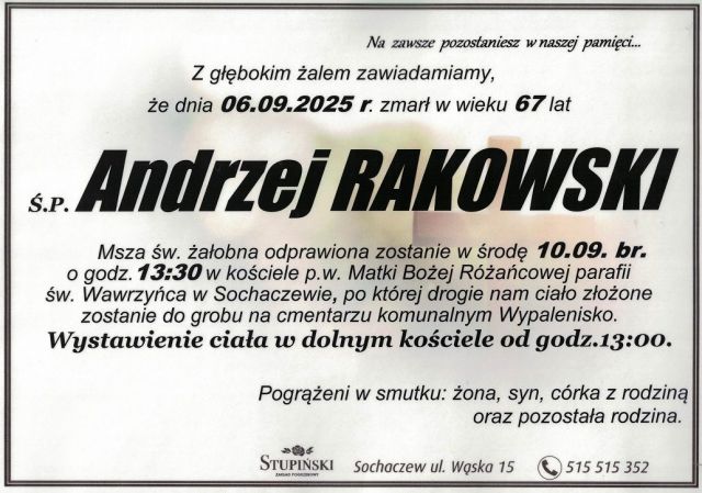 Nekrolog Zakład Pogrzebowy Stupiński Sochaczew - Andrzej Rakowski