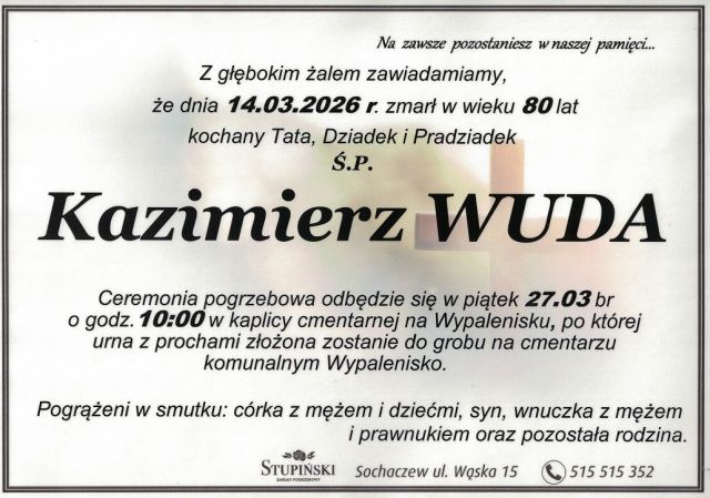 Nekrolog Zakład Pogrzebowy Stupiński Sochaczew - Kazimierz Wuda