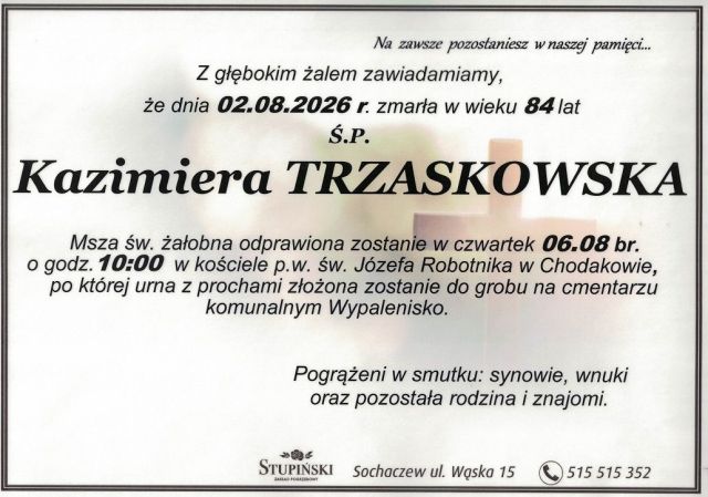 Nekrolog Zakład Pogrzebowy Stupiński Sochaczew - Kazimiera Trzaskowska