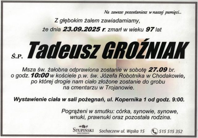 Nekrolog Zakład Pogrzebowy Stupiński Sochaczew - Tadeusz Groźniak