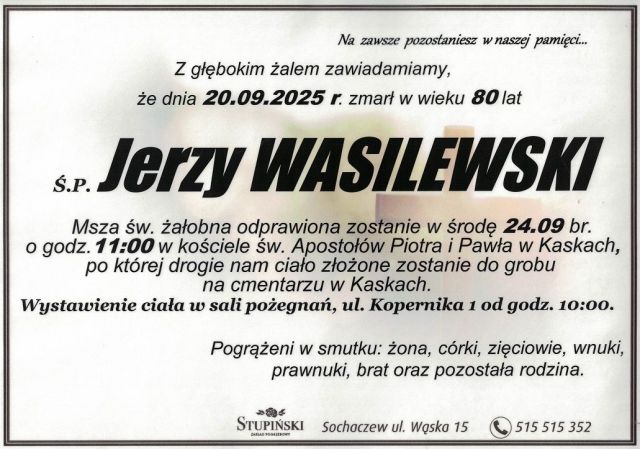 Nekrolog Zakład Pogrzebowy Stupiński Sochaczew - Jerzy Wasilewski