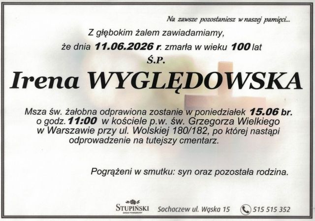 Nekrolog Zakład Pogrzebowy Stupiński Sochaczew - Irena Wyględowska