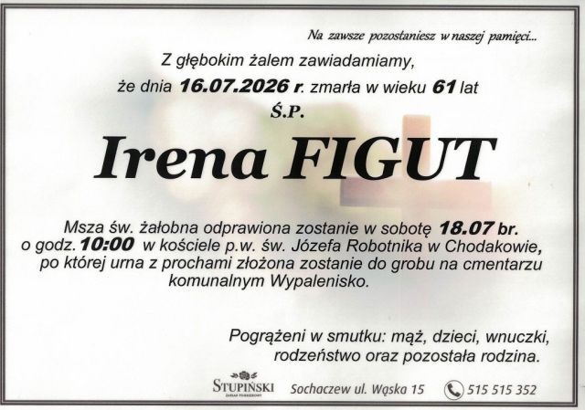 Nekrolog Zakład Pogrzebowy Stupiński Sochaczew - Irena Figut