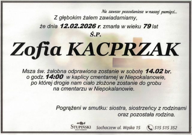 Nekrolog Zakład Pogrzebowy Stupiński Sochaczew - Zofia Kacprzak
