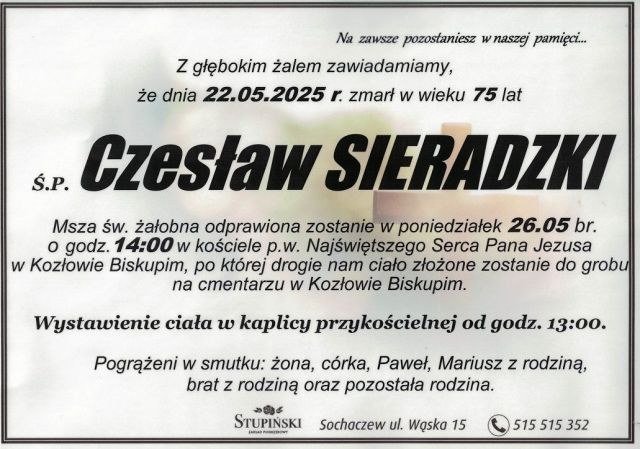 Nekrolog Zakład Pogrzebowy Stupiński Sochaczew - Czesław Sieradzki