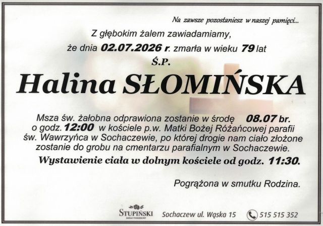 Nekrolog Zakład Pogrzebowy Stupiński Sochaczew - Halina Słomińska