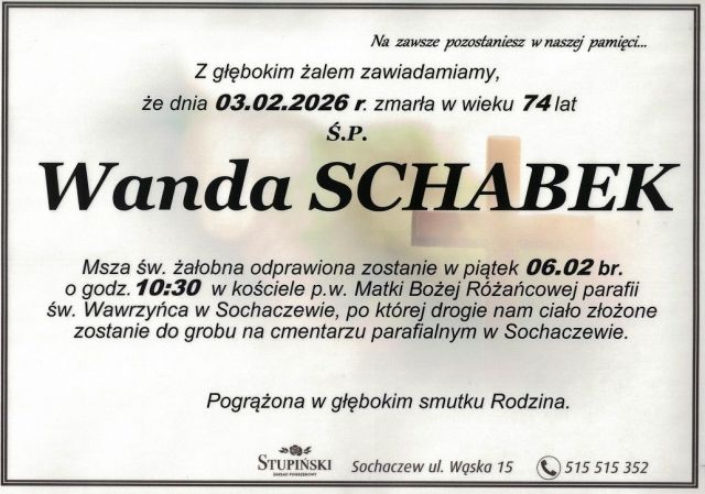 Nekrolog Zakład Pogrzebowy Stupiński Sochaczew - Wanda Schabek