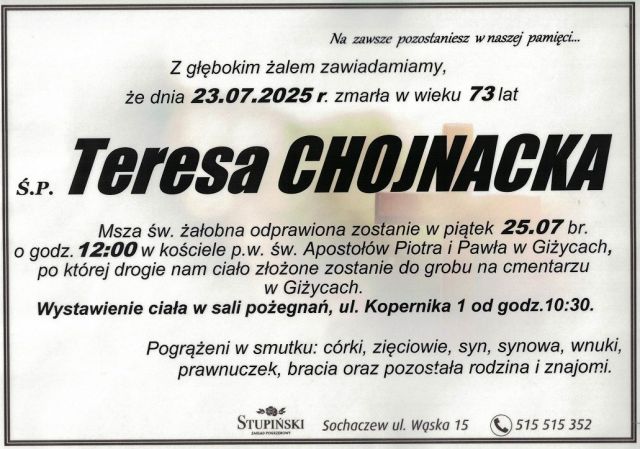 Nekrolog Zakład Pogrzebowy Stupiński Sochaczew - Teresa Chojnacka