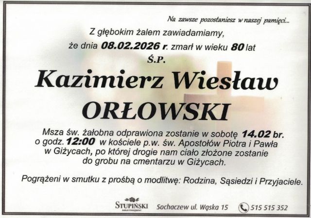 Nekrolog Zakład Pogrzebowy Stupiński Sochaczew - Kazimierz Wiesław Orłowski
