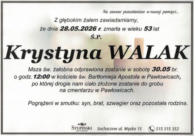 Nekrolog Zakład Pogrzebowy Stupiński Sochaczew - Krystyna Walak