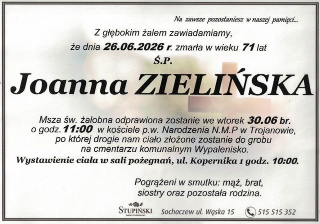 Nekrolog Zakład Pogrzebowy Stupiński Sochaczew - Joanna Zielińska