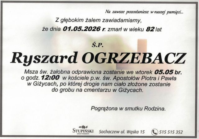 Nekrolog Zakład Pogrzebowy Stupiński Sochaczew - Ryszard Ogrzebacz