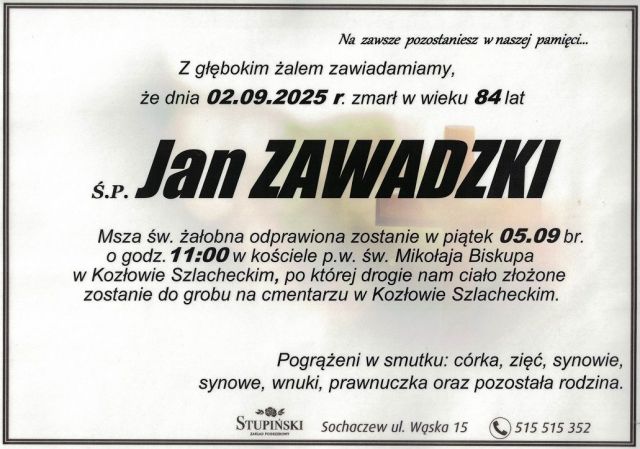 Nekrolog Zakład Pogrzebowy Stupiński Sochaczew - Jan Zawadzki