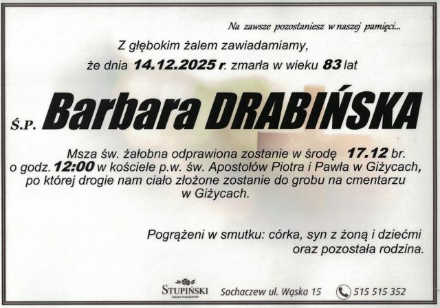 Nekrolog Zakład Pogrzebowy Stupiński Sochaczew - Barbara Drabińska