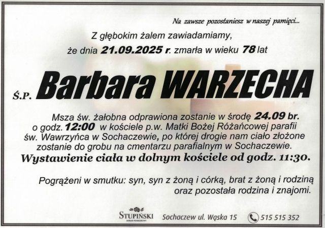 Nekrolog Zakład Pogrzebowy Stupiński Sochaczew - Barbara Warzecha