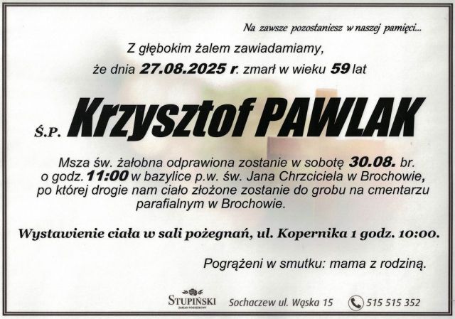 Nekrolog Zakład Pogrzebowy Stupiński Sochaczew - Krzysztof Pawlak