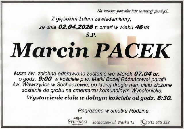 Nekrolog Zakład Pogrzebowy Stupiński Sochaczew - Marcin Pacek