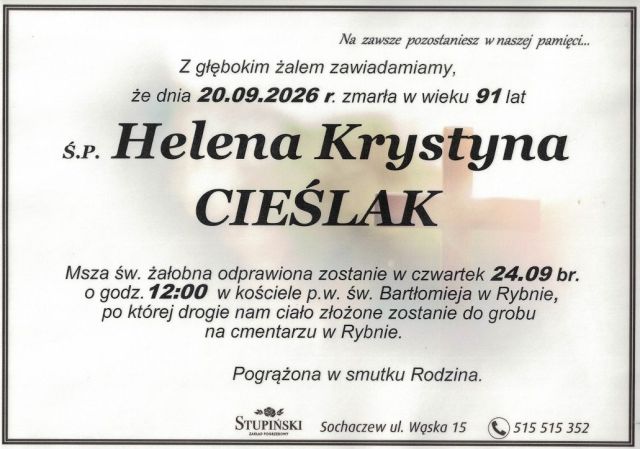 Nekrolog Zakład Pogrzebowy Stupiński Sochaczew - Helena Krystyna Cieślak