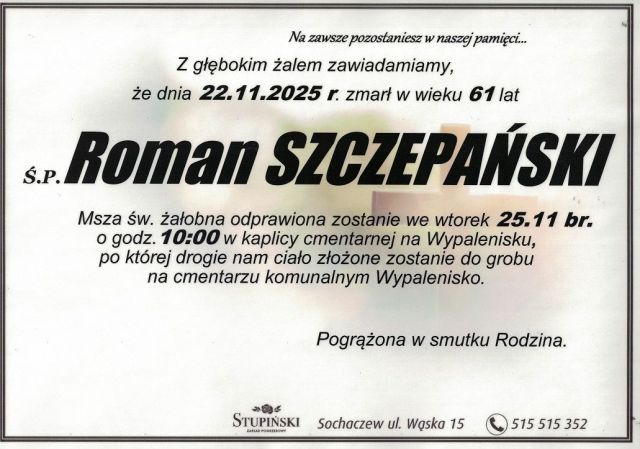 Nekrolog Zakład Pogrzebowy Stupiński Sochaczew - Roman Szczepański