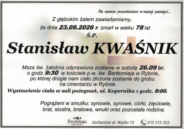 Nekrolog Zakład Pogrzebowy Stupiński Sochaczew - Stanisław Kwaśnik