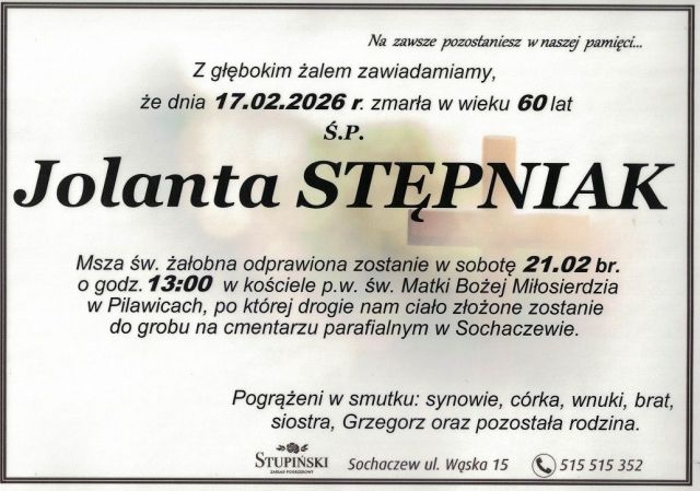 Nekrolog Zakład Pogrzebowy Stupiński Sochaczew - Jolanta Stępniak