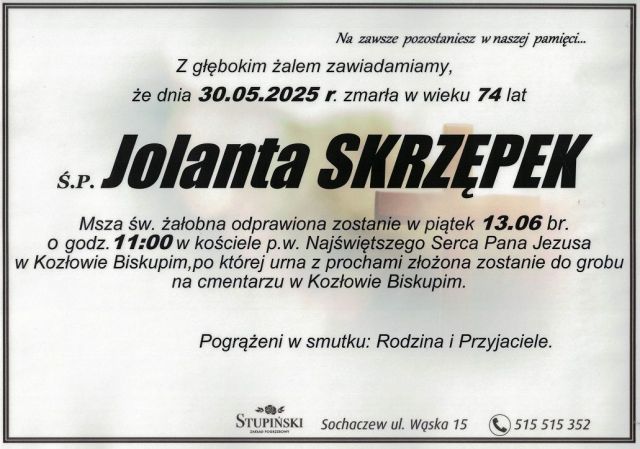 Nekrolog Zakład Pogrzebowy Stupiński Sochaczew - Jolanta Skrzępek