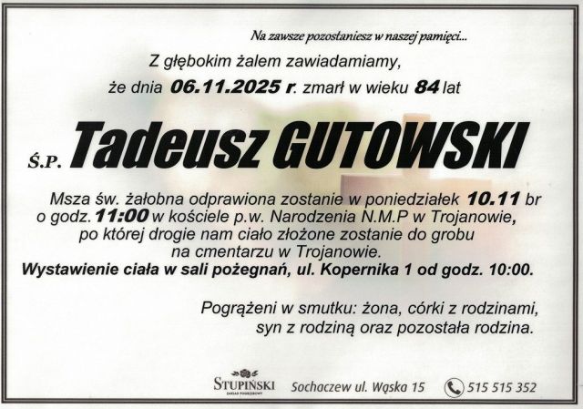 Nekrolog Zakład Pogrzebowy Stupiński Sochaczew - Tadeusz Gutowski