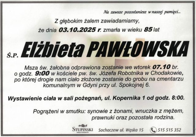 Nekrolog Zakład Pogrzebowy Stupiński Sochaczew - Elżbieta Pawłowska