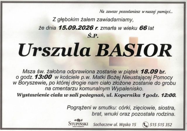 Nekrolog Zakład Pogrzebowy Stupiński Sochaczew - Urszula Basior