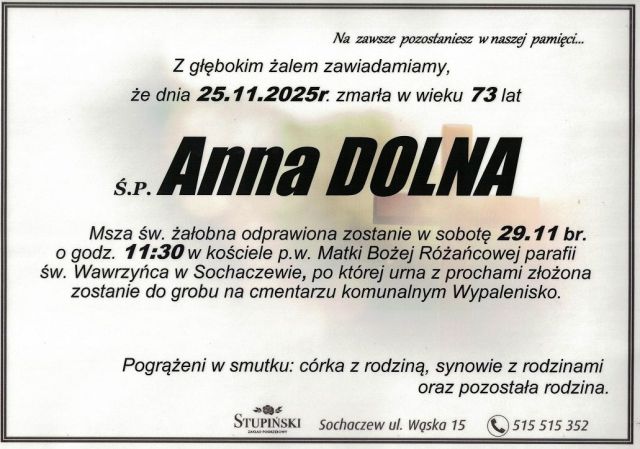Nekrolog Zakład Pogrzebowy Stupiński Sochaczew - Anna Dolna