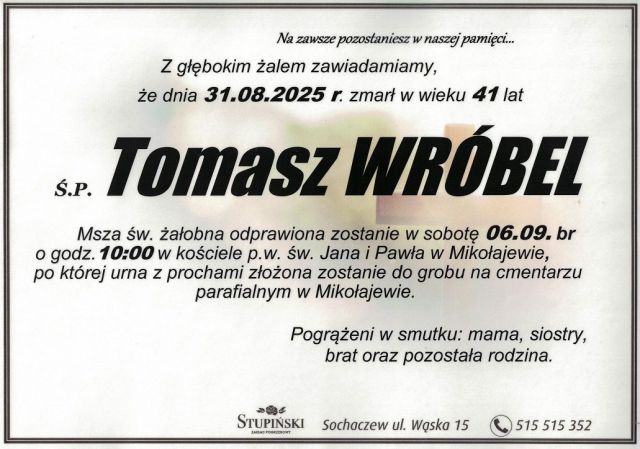 Nekrolog Zakład Pogrzebowy Stupiński Sochaczew - Tomasz Wróbel