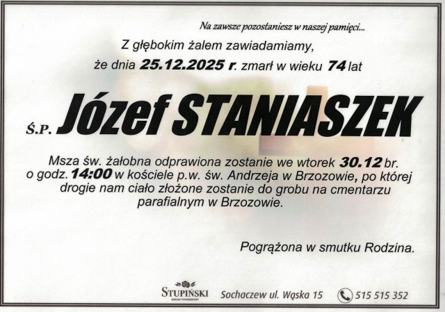 Nekrolog Zakład Pogrzebowy Stupiński Sochaczew - Józef Staniaszek