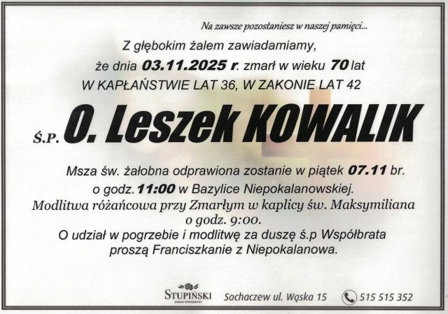 Nekrolog Zakład Pogrzebowy Stupiński Sochaczew - Leszek Kowalik