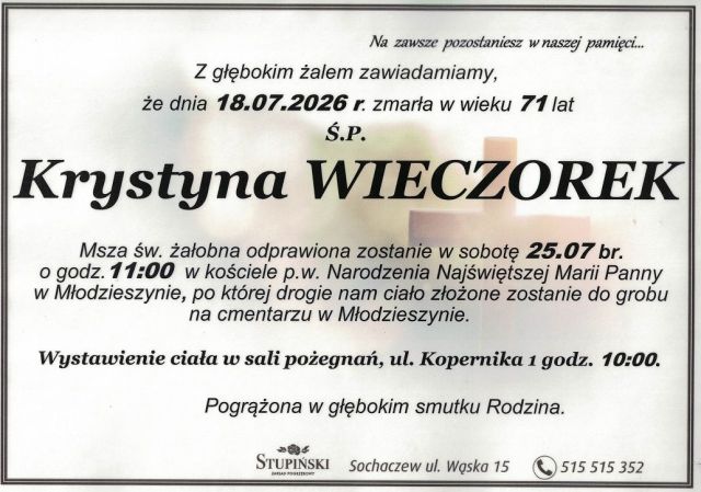 Nekrolog Zakład Pogrzebowy Stupiński Sochaczew - Krystyna Wieczorek