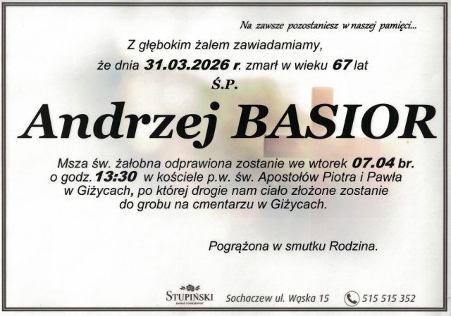 Nekrolog Zakład Pogrzebowy Stupiński Sochaczew - Andrzej Basior