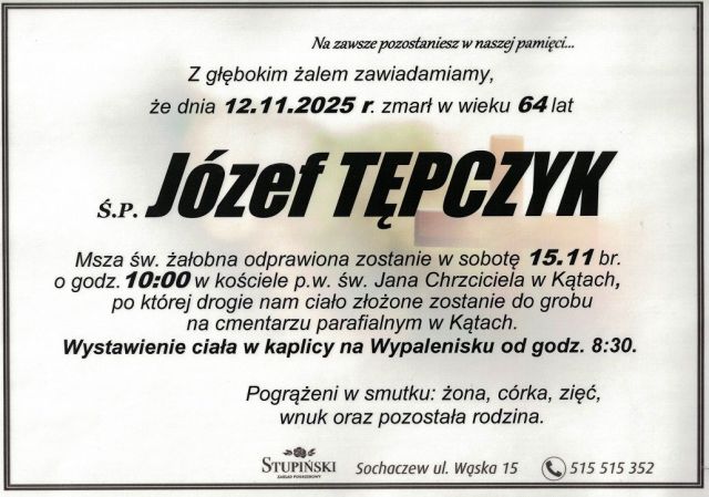 Nekrolog Zakład Pogrzebowy Stupiński Sochaczew - Józef Tępczyk