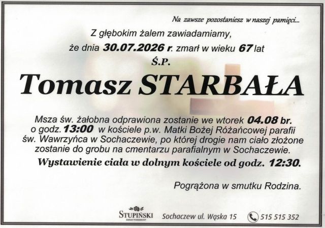 Nekrolog Zakład Pogrzebowy Stupiński Sochaczew - Tomasz Starbała