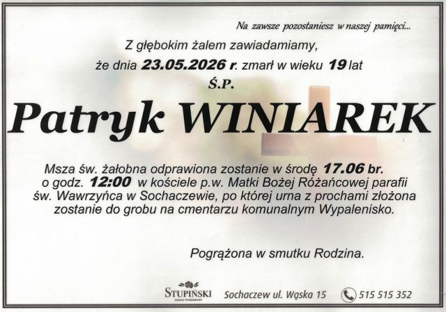 Nekrolog Zakład Pogrzebowy Stupiński Sochaczew - Patryk Winiarek