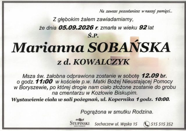 Nekrolog Zakład Pogrzebowy Stupiński Sochaczew - Marianna Sobańska