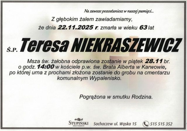 Nekrolog Zakład Pogrzebowy Stupiński Sochaczew - Teresa Niekraszewicz