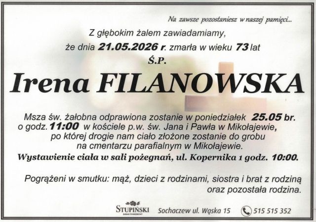 Nekrolog Zakład Pogrzebowy Stupiński Sochaczew - Irena Filanowska