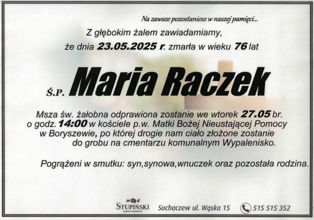 Nekrolog Zakład Pogrzebowy Stupiński Sochaczew - Maria Raczek