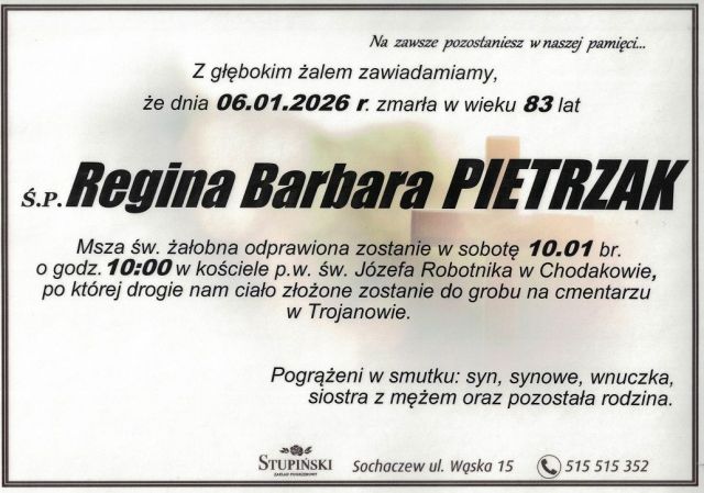 Nekrolog Zakład Pogrzebowy Stupiński Sochaczew - Regina Pietrzak