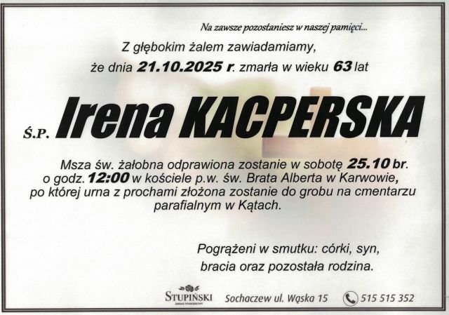 Nekrolog Zakład Pogrzebowy Stupiński Sochaczew - Irena Kacperska