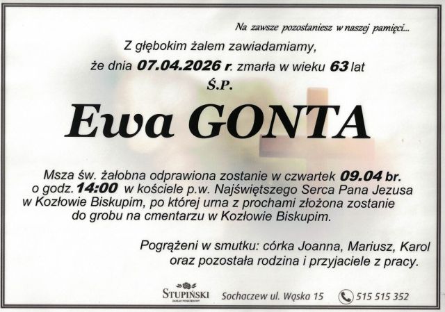 Nekrolog Zakład Pogrzebowy Stupiński Sochaczew - Ewa Gonta