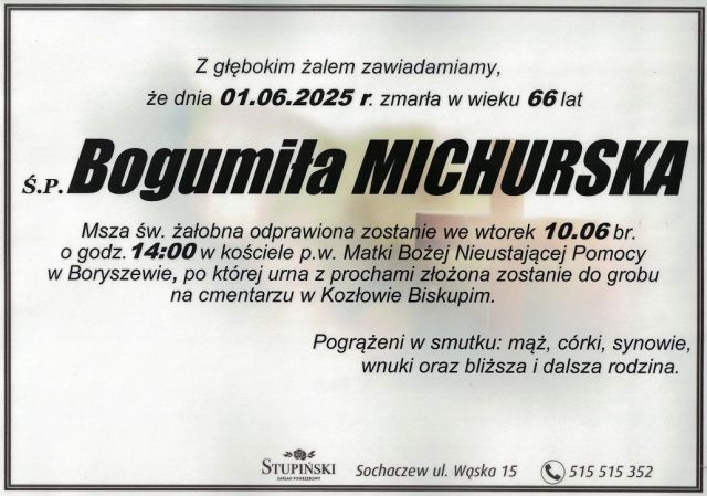 Nekrolog Zakład Pogrzebowy Stupiński Sochaczew - Bogumiła Michurska